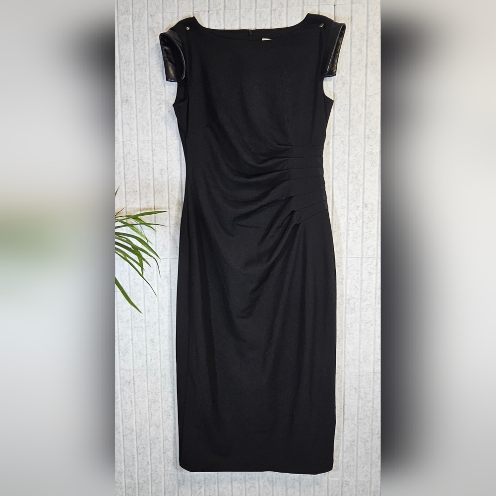 Anne Klein Black Sheath Dress 2 Faux Leather Cap Sleeve Ruched Waist